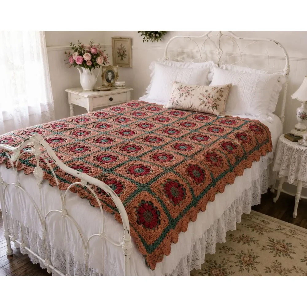 Vintage Handmade Granny Square Crochet Blanket Earth Tone Boho Throw